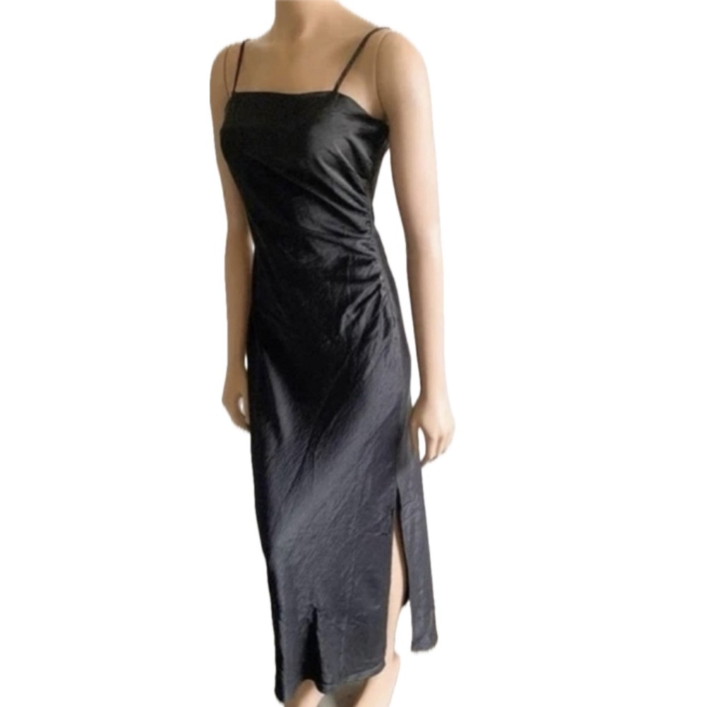 House of Harlow 1960 Revolve Black Textured Satin Slip Midi Dress Rushed waist L